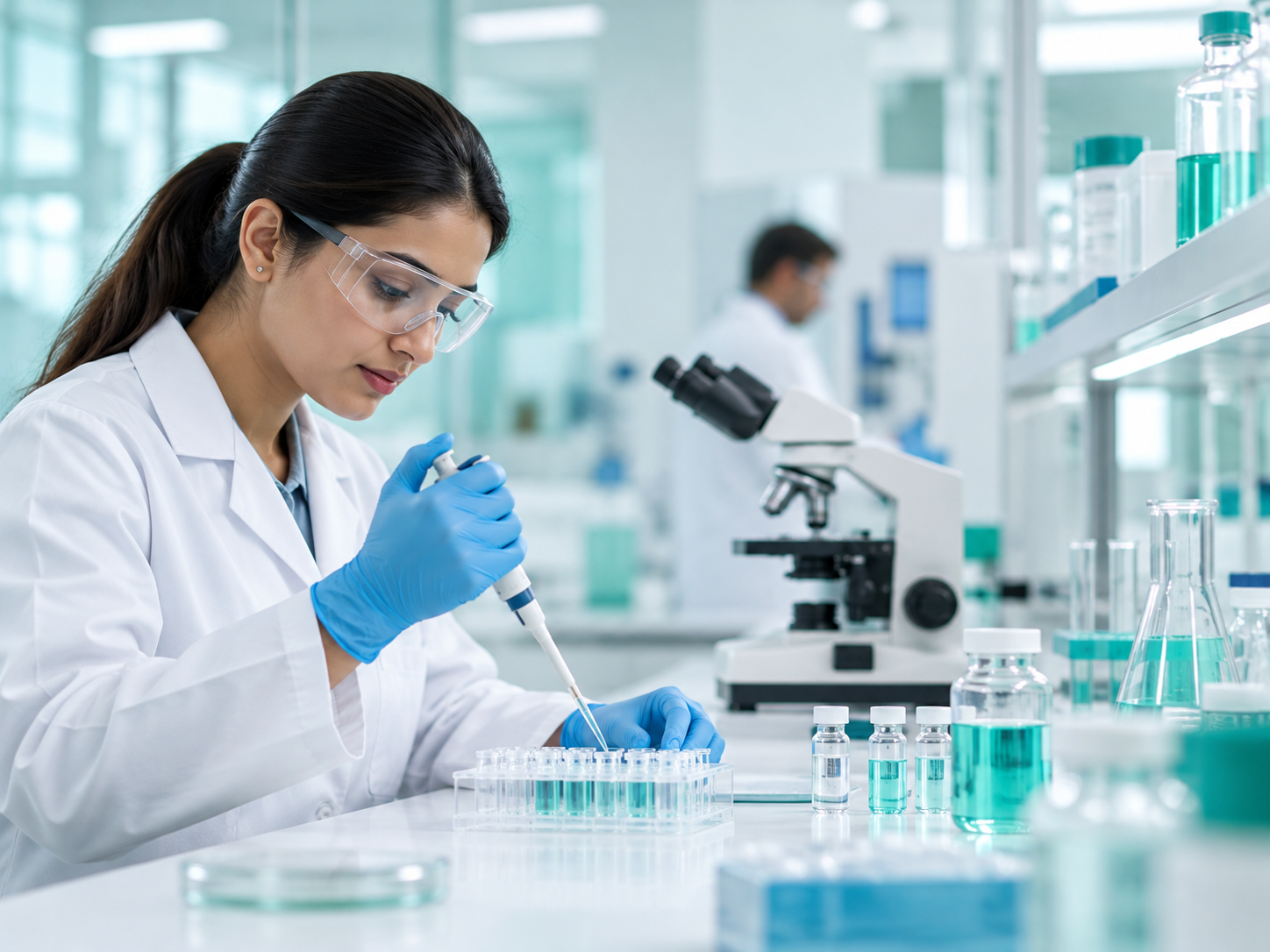 Professional pharmaceutical laboratory photograph showing a scientist working with samples, lab equipment and medicine vials